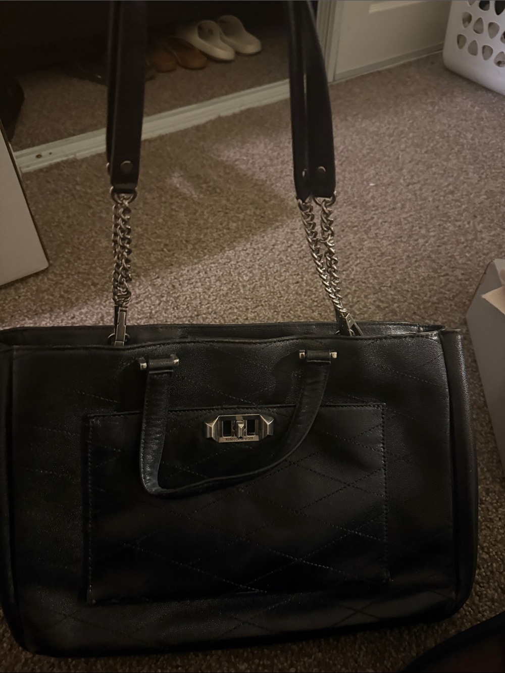 Rebecca Minkoff Black Quilted Shoulder Tote with Silver Chain Straps